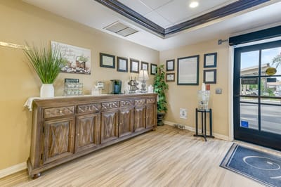 Welcoming lobby area with decorative elements and information.