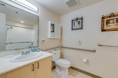 Clean bathroom with safety features and decor