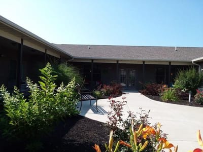 Outdoor garden area with landscaping and seating