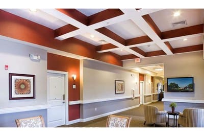 Bright interior common area with seating