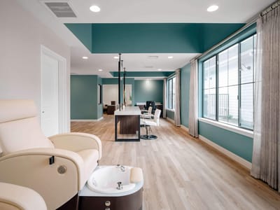 Interior view of a salon area with seating