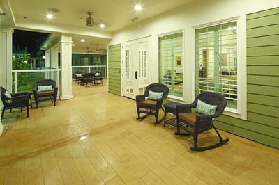 Outdoor seating area with rocking chairs