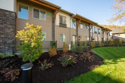 Exterior view of the retirement community's garden and walkway
