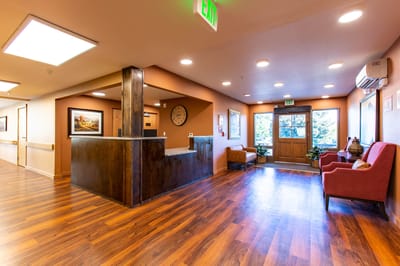Bright interior lobby of a senior care facility
