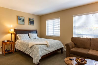 Cozy interior of a private resident room with a bed and sofa