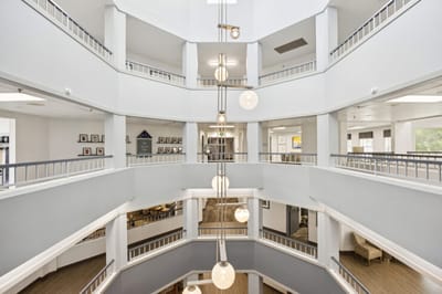 Spacious common area with modern design and lighting