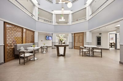 Common area with seating and decorative elements.