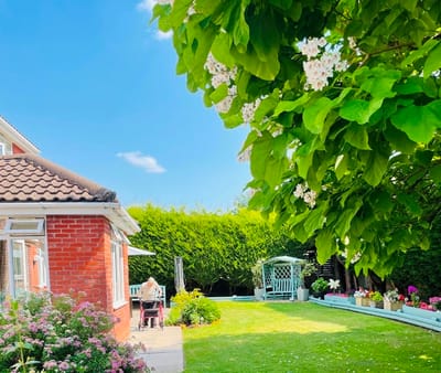 Outdoor garden area with resident enjoying the sun