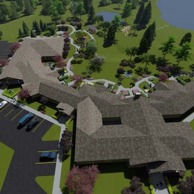 Aerial view of Stoneleigh Residence with landscaping.