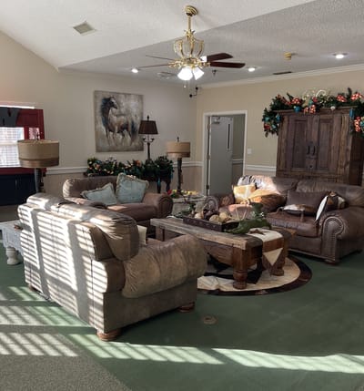 Interior lounge area with seating and decor