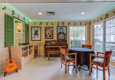 Bright common area with musical decor and seating