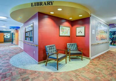 Interior view of the library area in a senior living facility