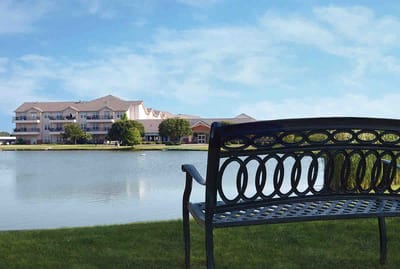 Outdoor view of a lake and facility building