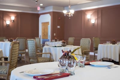 Elegant dining area set for a meal with decor