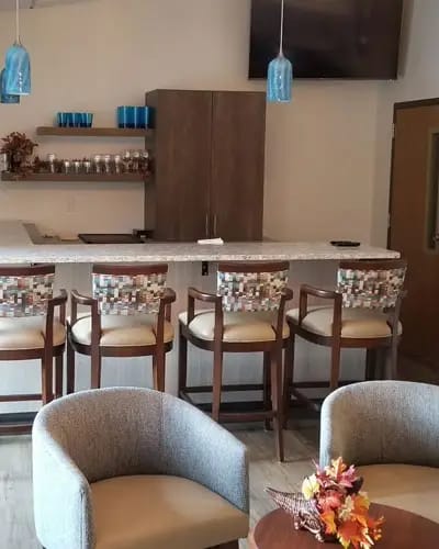 Interior view of a common area with a bar