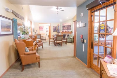 Bright common area with seating and decor