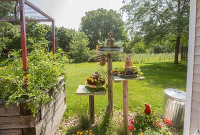 A garden area with decorative planters and greenery
