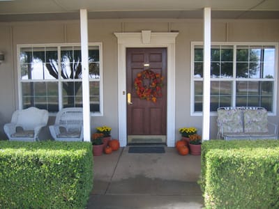 Welcoming front entrance with seasonal decorations