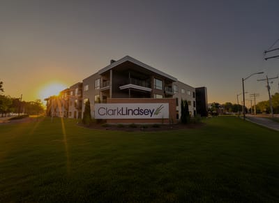 Exterior view of ClarkLindsey facility at sunset