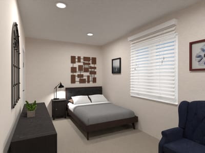 A well-furnished private resident room with modern decor
