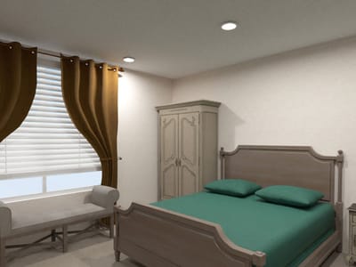 Cozy resident room with bed and curtains