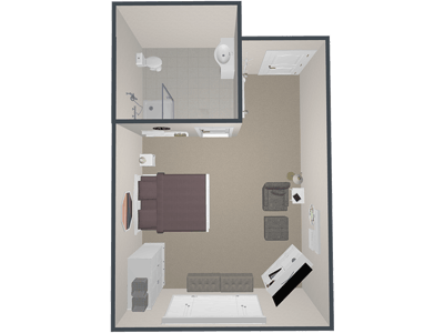 Layout of a private resident room with minimal furnishings