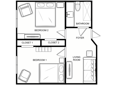 Architectural floor plan of a two-bedroom apartment