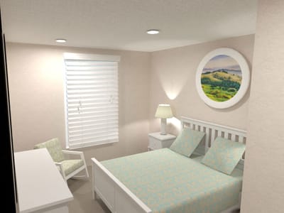 Brightly decorated private resident room with a bed and chair