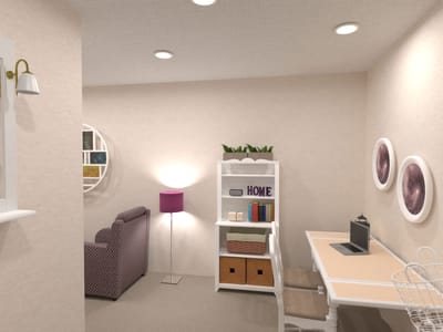 Cozy interior room with a desk and seating area
