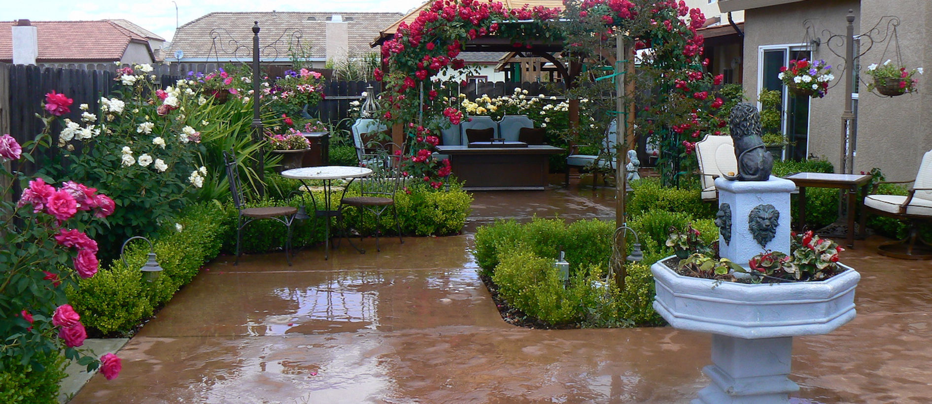 Beautiful garden area with flowers and seating