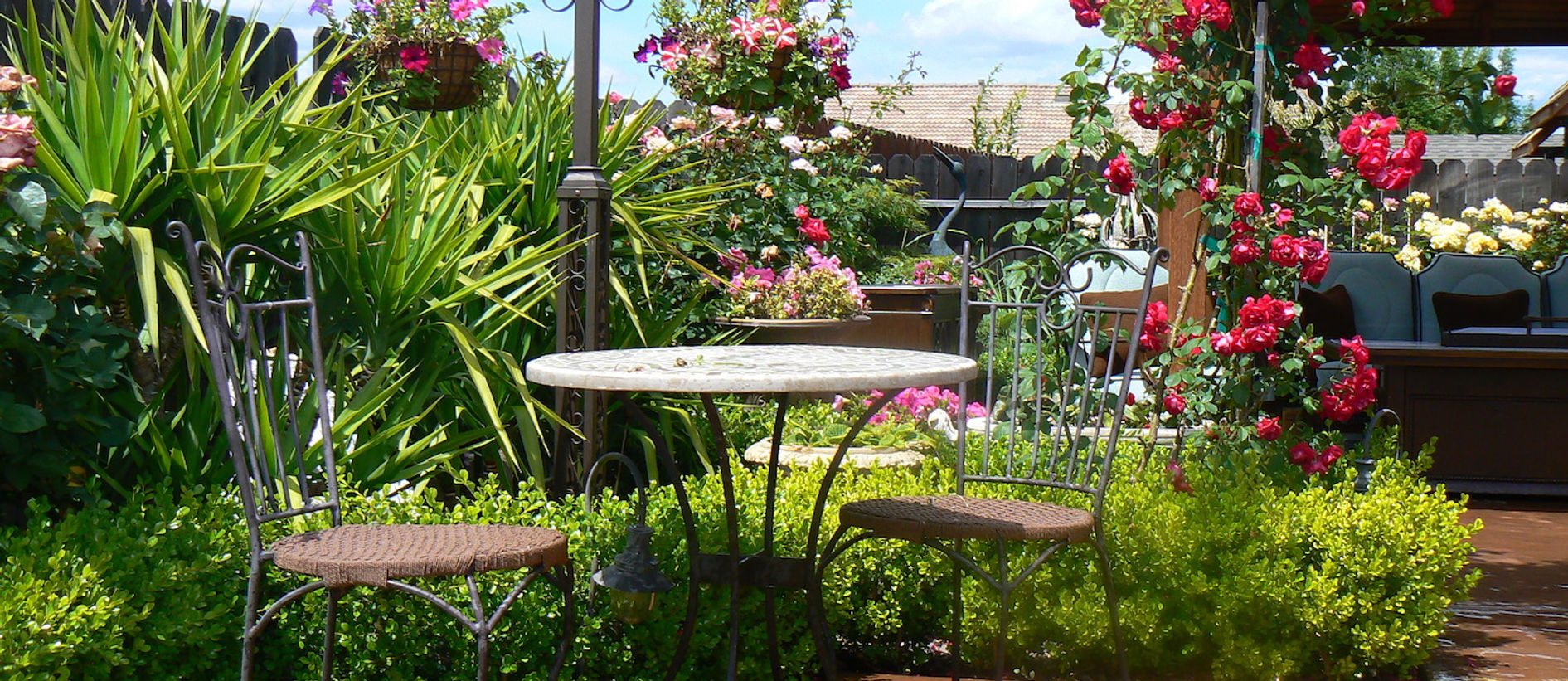 A tranquil garden space with flowers and seating