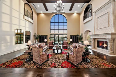 Bright and spacious living room in a senior living facility