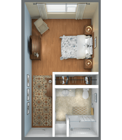 Rendered floor plan of a resident room with bathroom