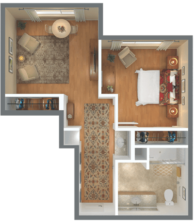 Floor plan of a resident unit with furniture layout