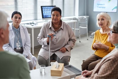 Residents and staff engaged in a speech therapy session