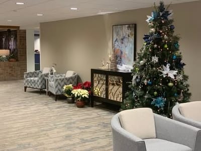 Cozy lounge area decorated for the holidays