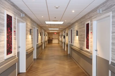 Brightly lit interior hallway with decor