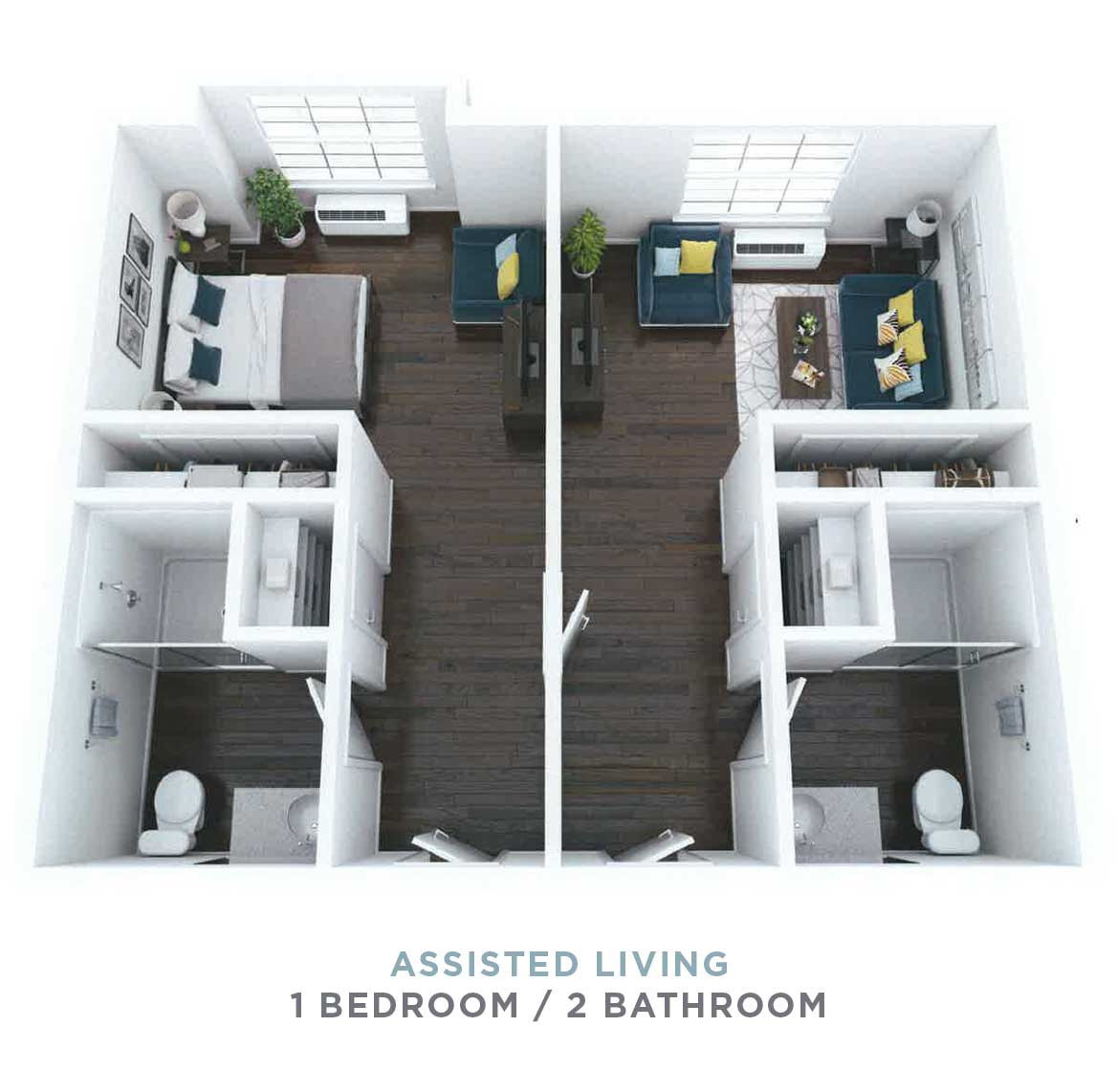 Architectural floor plan of a one-bedroom assisted living unit