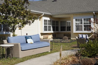 Outdoor seating area in a serene garden
