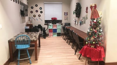 Interior activity room decorated for a holiday