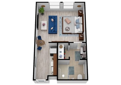 Floor plan of a senior living unit with living area and bedroom