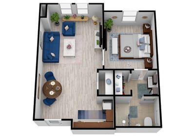 Stylized floor plan of a living unit