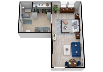 Floor plan of a resident suite with living room and bathroom