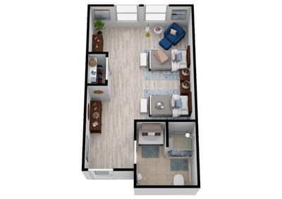 A layout of a shared resident room in a senior living facility