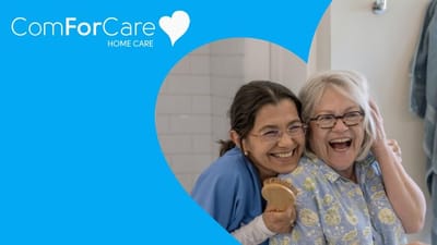 ComForCare Home Care logo with a blue background