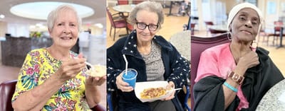 Residents enjoying food together in a dining area