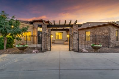 Entrance of an assisted living facility at sunset