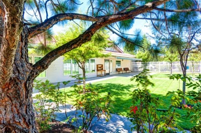 Exterior view of the facility surrounded by greenery