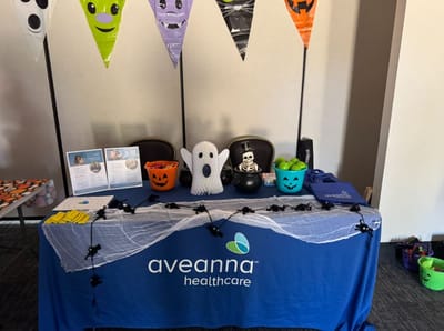 Halloween-themed decorations and activity table