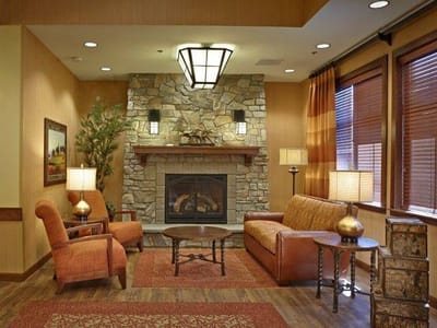 Cozy common area with fireplace and seating